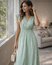 Gina maxi jurk dames – V-hals bloemenprint, pettal mouwen & elastische taille, luchtig zomer