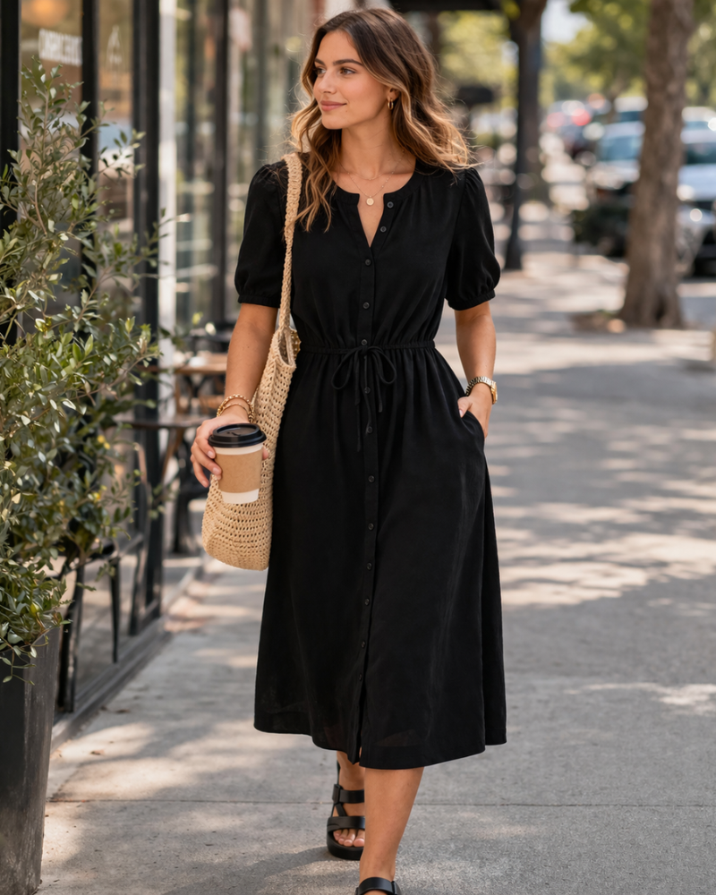Vestido Krishna para Mulher – Corte A-Line Ajustado, Mangas Curtas e Saia Midi Evasê com Bolsos