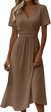 Claire Vestito Donna – Vestito Midi Scollo a V Incrociato Vita Impero Linea A Elegante Estate