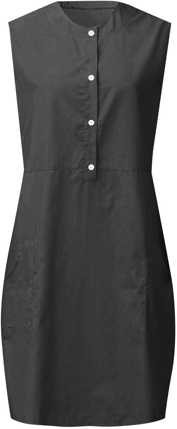Vestido Nina Mulher – Vestido Mini Linho Gola Redonda Sem Mangas Corte Fluido com Bolsos Verão