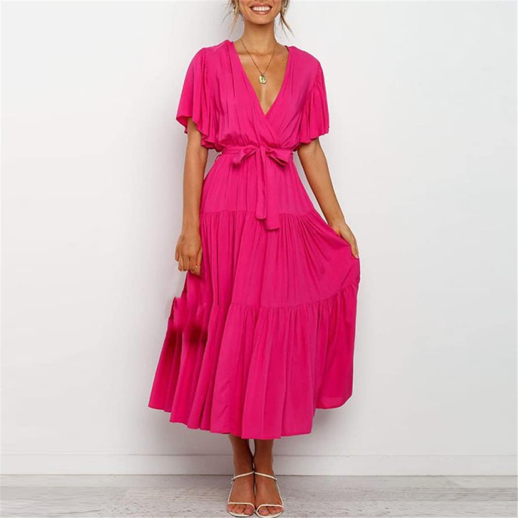 Elisa Abito Donna – Abito Maxi Scollo a V Vita Alta Volant Boho Estate Elegante
