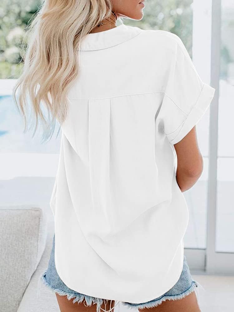 Keana Blouse Femme Coton – Col V, Manches Courtes, Boutonnée, Poche Été