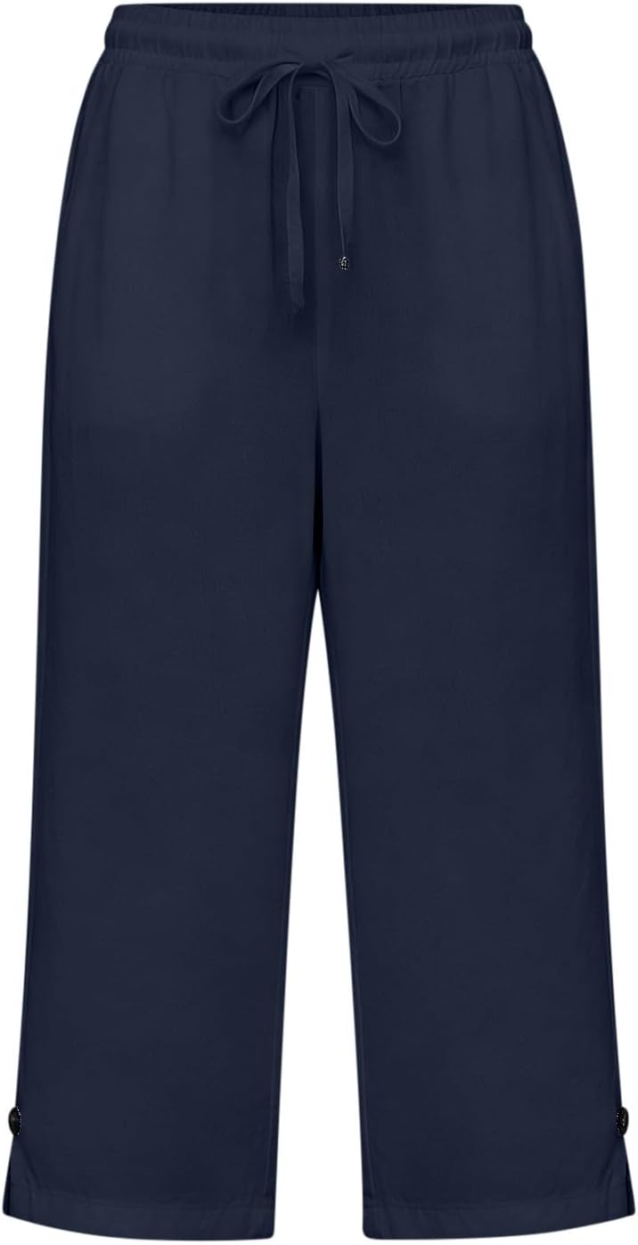 Miazon Pantaloni Donna Capri – Taglio Largo, Vita Elastica, Lino Cotone Estate Comfort