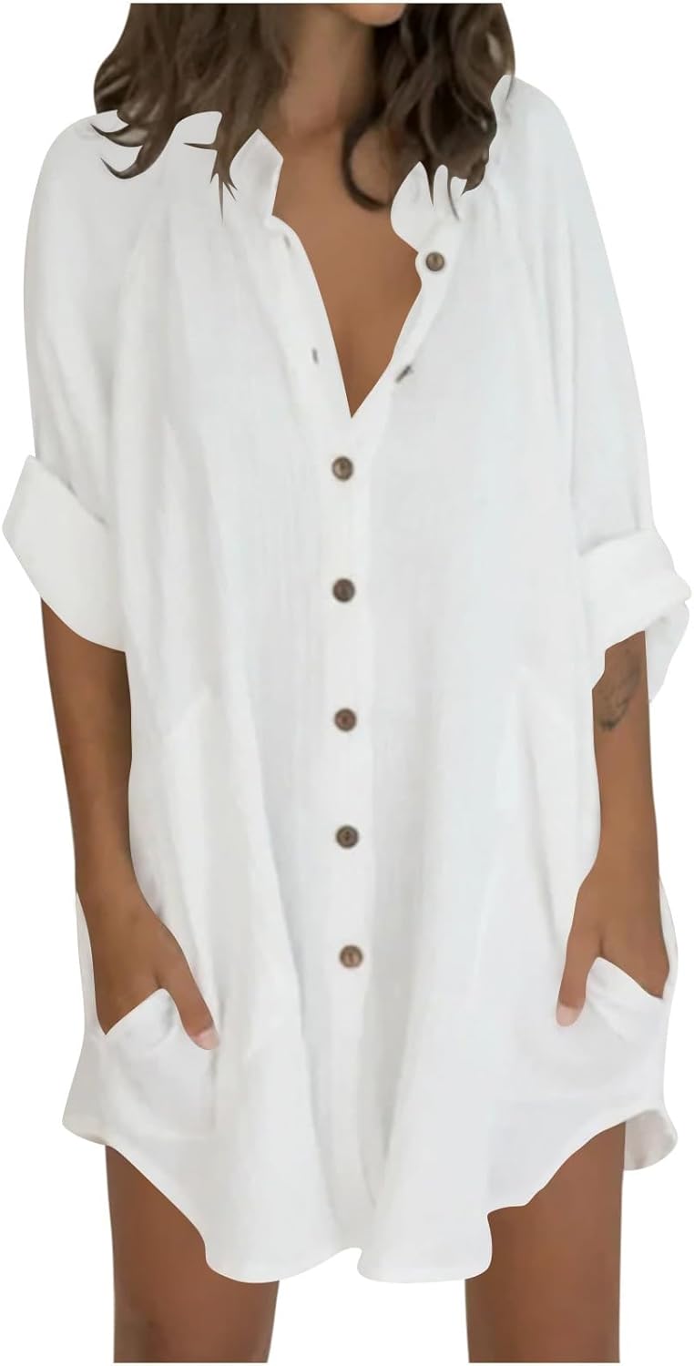 Sofia Haut Donna in Lino – T-shirt Oversize Casual con Bottoni e Maniche 3/4