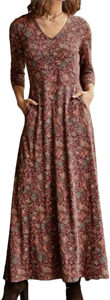 Camille vestido largo para mujer – vestido bohemio floral con escote en V y bolsillos