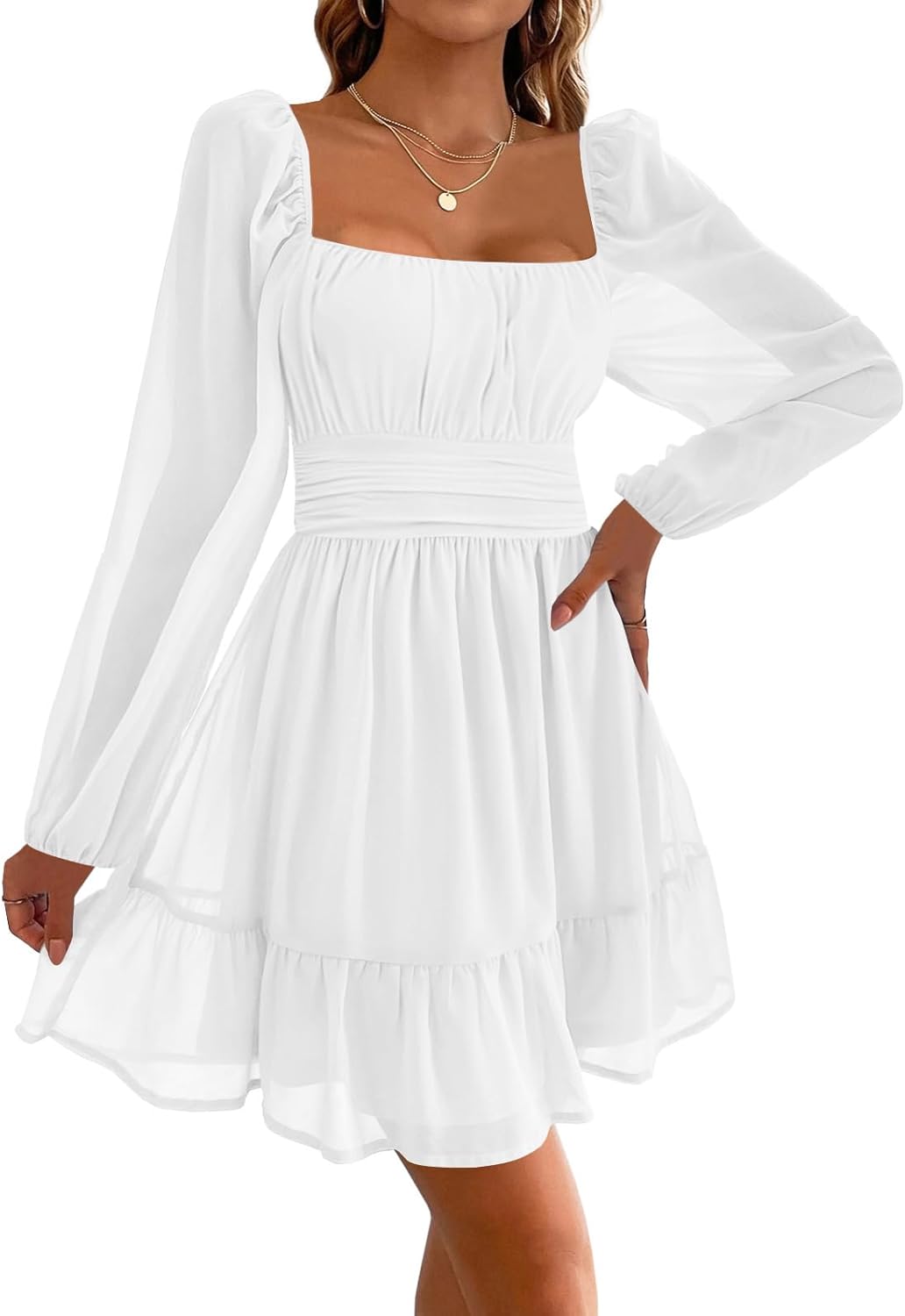 Bata Lina Mujer Mini – Cuello Cuadrado/Hombros Descubiertos, Mangas Abullonadas, Cintura Alta