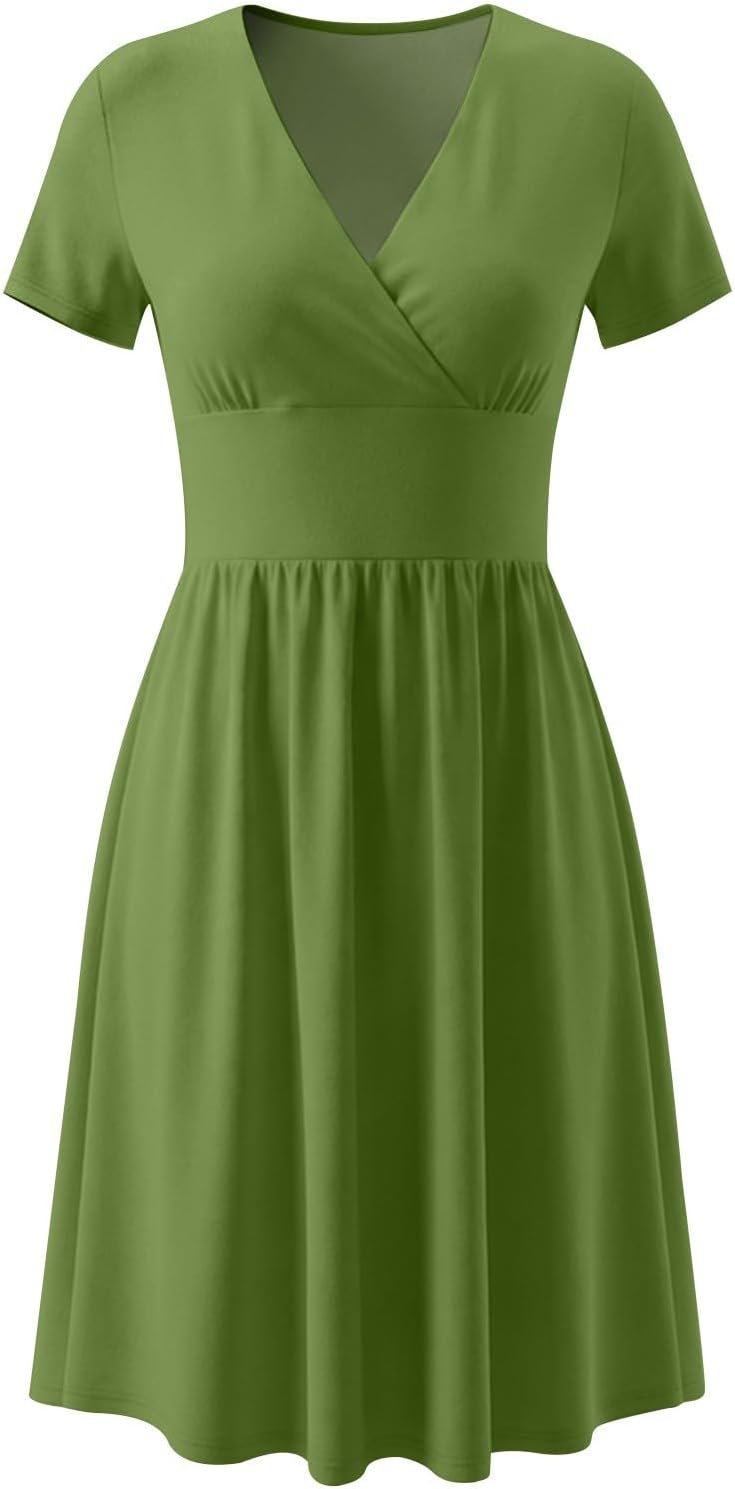 Clara Damenkleid – Midikleid mit V-Ausschnitt, kurzen Ärmeln, hoher Taille, elegante A-Linie