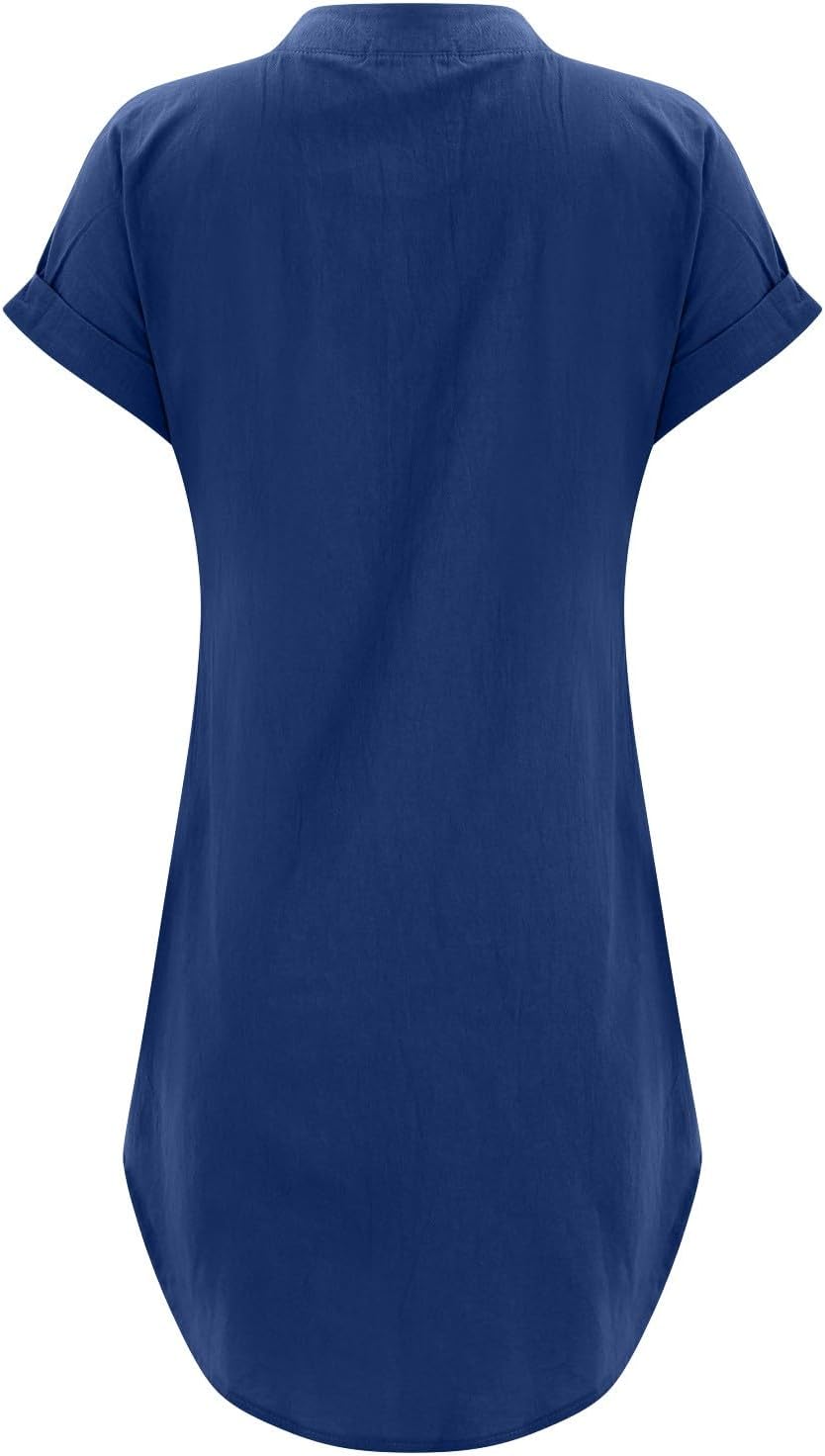 Rochie Sophie pentru femei – Rochie scurtă din in, cu decolteu în V, nasturi, mâneci scurte, croială fluidă, vară
