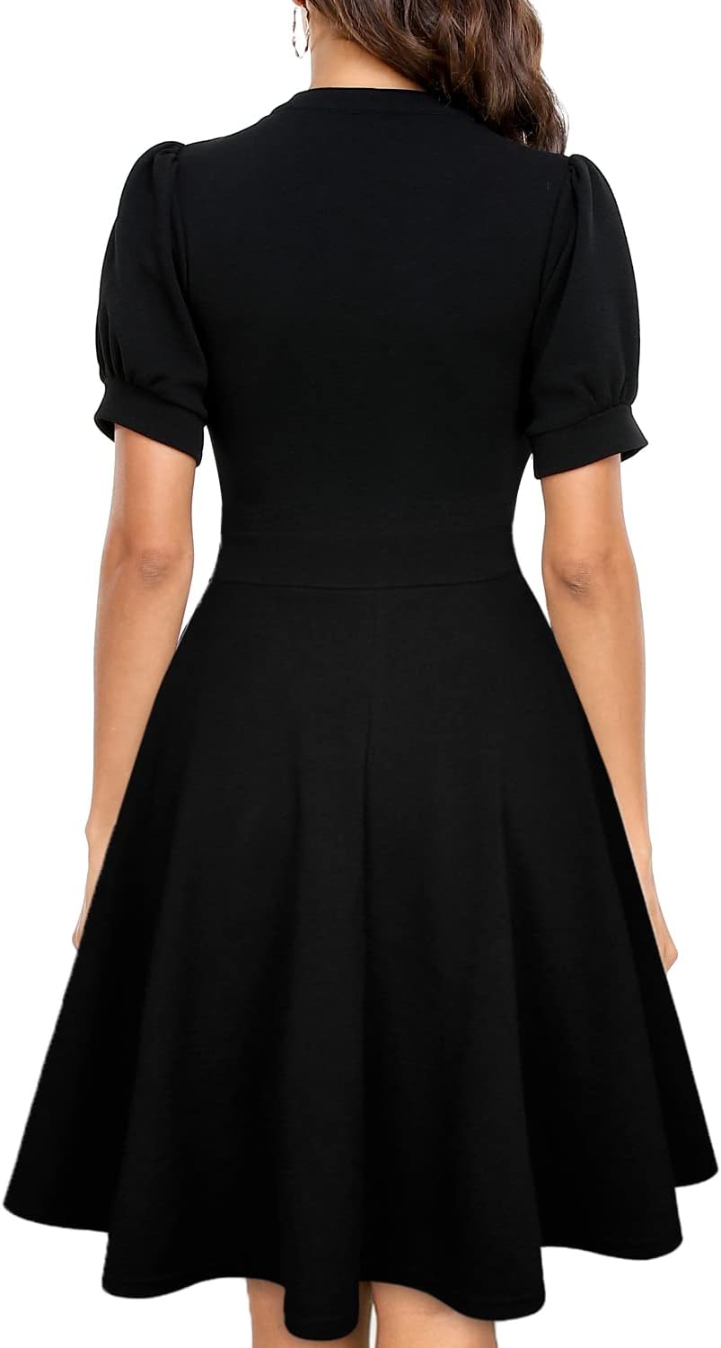 Vestido Sophie Mulher – Vestido Evasê Decote V Mangas Bufantes com Bolsos Elegante