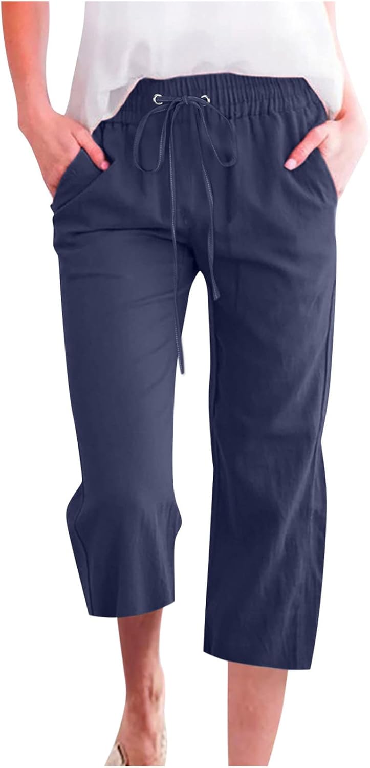 Vinia Pantalón Mujer Capri Lino – Corte Amplio, Cintura Elástica, Verano Ligero y Chic
