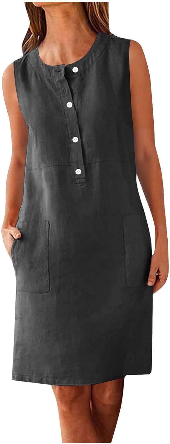 Vestido Nina Mulher – Vestido Mini Linho Gola Redonda Sem Mangas Corte Fluido com Bolsos Verão
