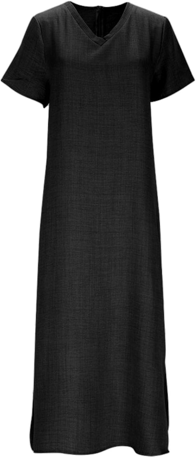 Laura Abito Donna – Abito Lungo in Lino Scollo a V Taglio Fluido Bohemien Confortevole Estate