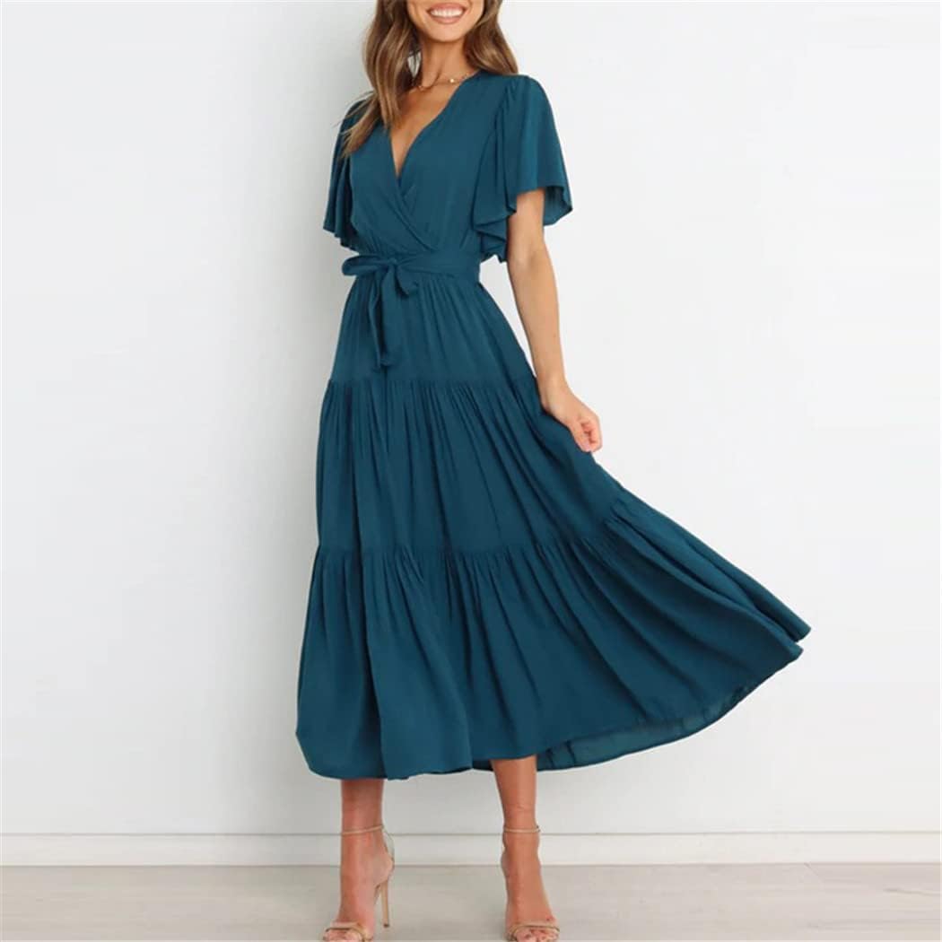 Elisa Abito Donna – Abito Maxi Scollo a V Vita Alta Volant Boho Estate Elegante