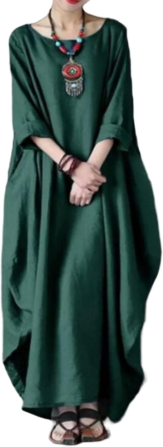 Sandy Robe Longue Femme – Robe Maxi Coton-Lin Coupe Ample Col Rond Manches 3/4 Élégante