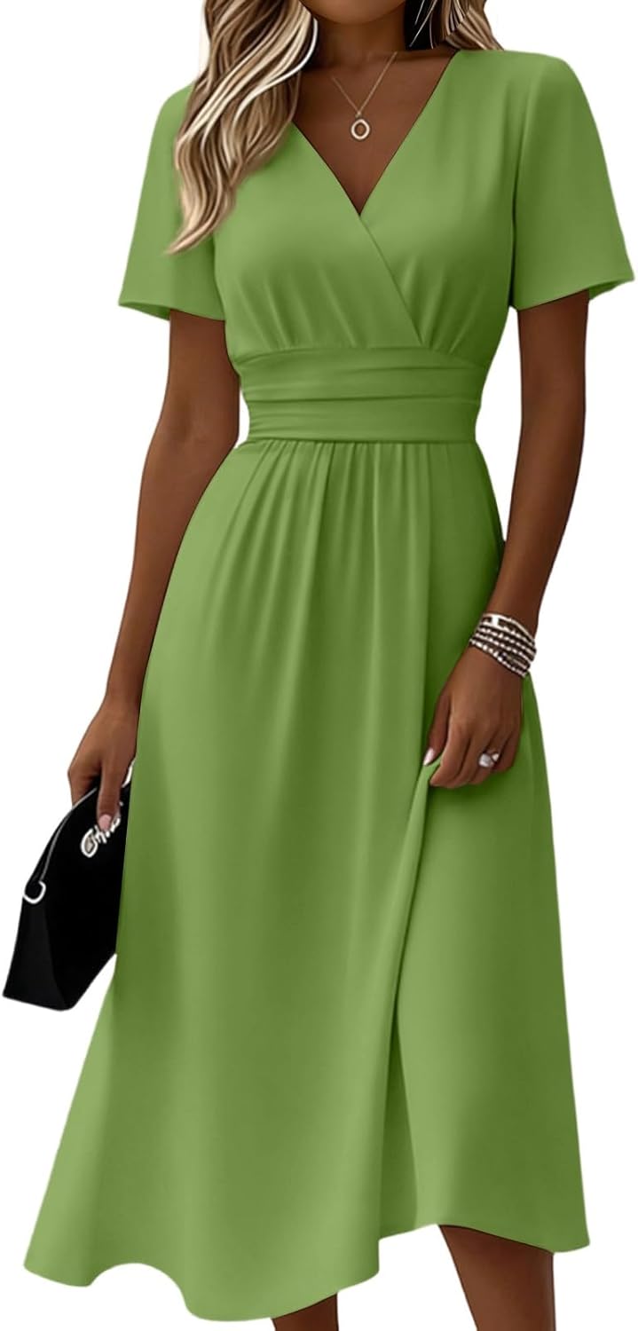 Clara Damenkleid – Midikleid mit V-Ausschnitt, kurzen Ärmeln, hoher Taille, elegante A-Linie