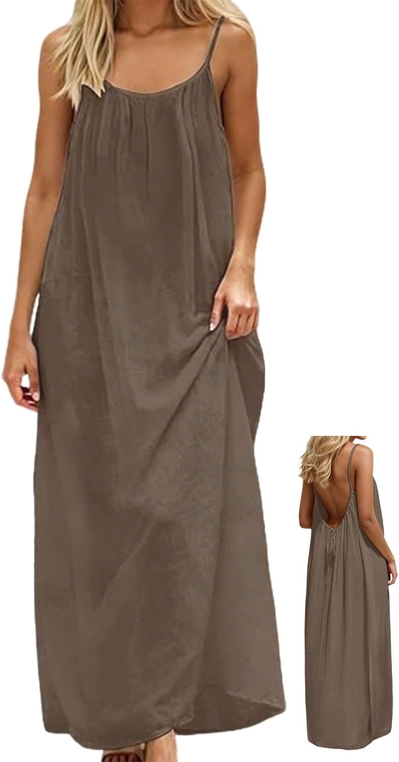 Vestido Maxi Luna Mulher – Vestido de Verão Costas Nuas com Alças Ajustáveis Estilo Linho Fluido