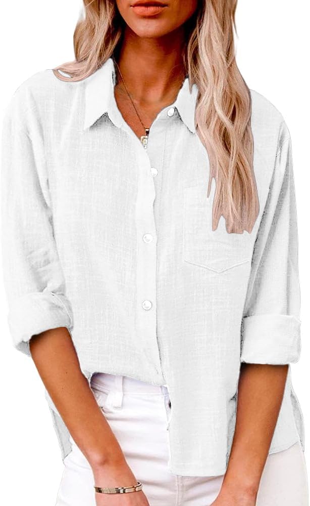 Laura Chemisier Femme Coton – Col V, Manches Longues, Coupe Ample Boutonnée Été