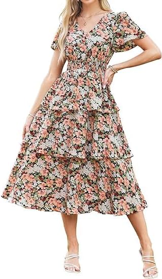 Vestido Emma Floral Línea A – Vestido de Verano con Escote en V y Cintura Fruncida Elegante para Mujer