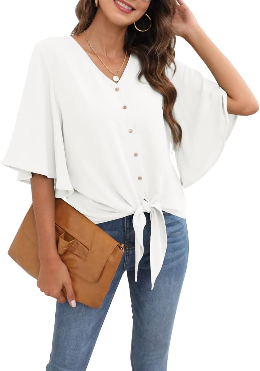 Léonie Bluse Damen – Top mit V-Ausschnitt, ausgestellten 3/4-Ärmeln und Schleife Elegant
