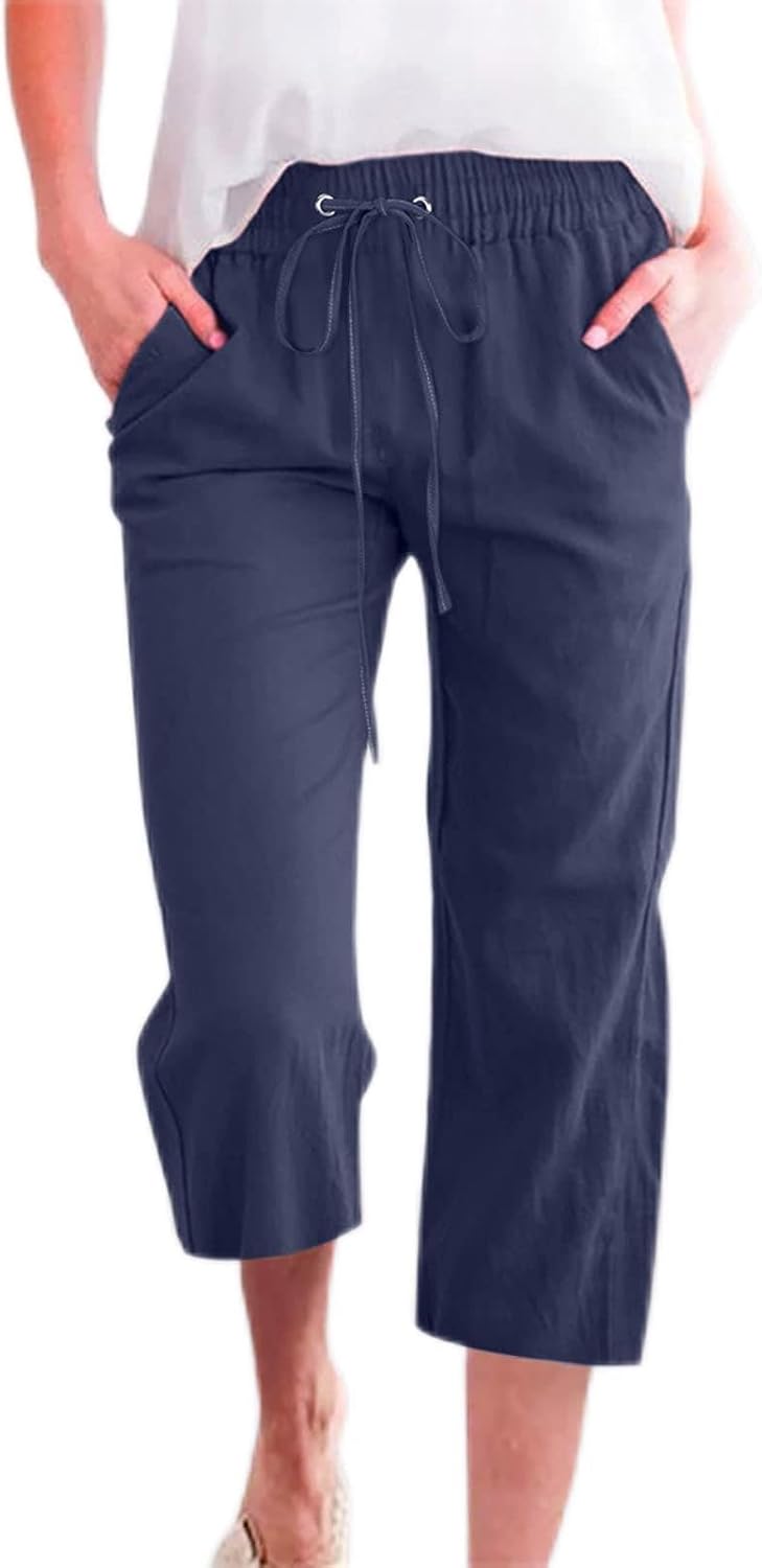 Vinia Pantalón Mujer Capri Lino – Corte Amplio, Cintura Elástica, Verano Ligero y Chic