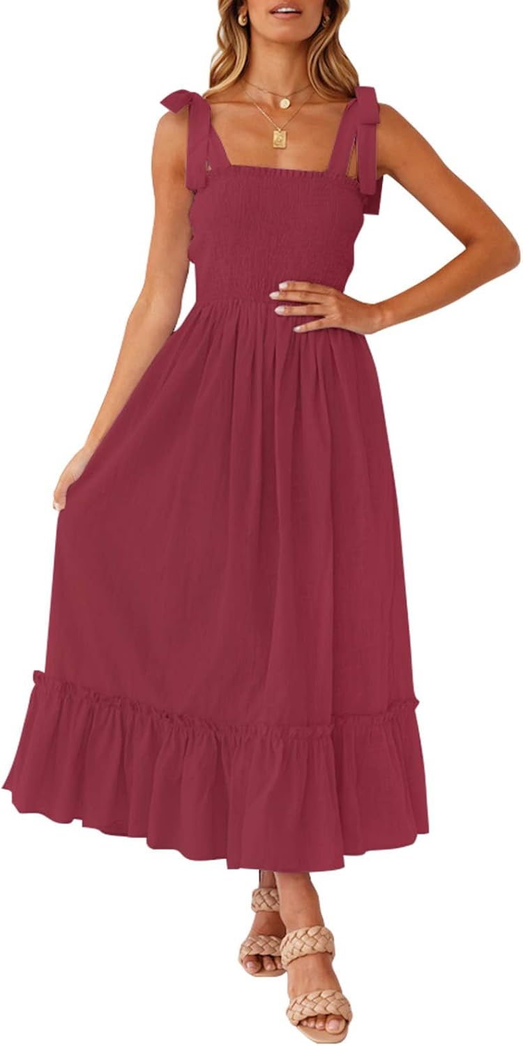 Léa Maxikleid Boho Damen – Elegantes langes Sommerkleid mit quadratischem Ausschnitt, Trägern und Volants