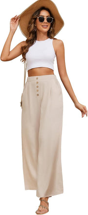 Élodie Pantalon Palazzo Femme – Pantalon Large Taille Haute Fluide avec Poches
