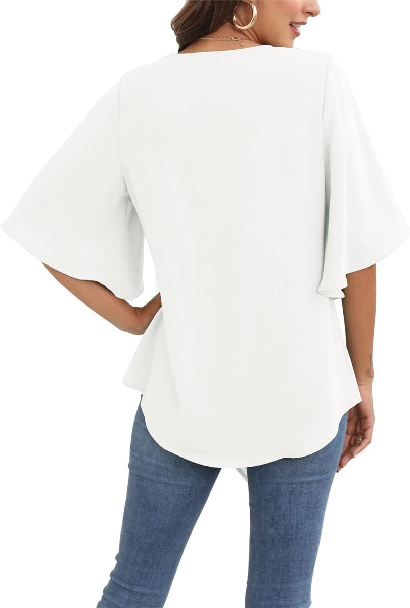 Léonie Bluse Damen – Top mit V-Ausschnitt, ausgestellten 3/4-Ärmeln und Schleife Elegant