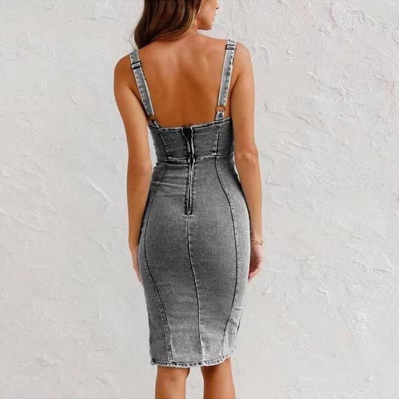 Vestido Sofia Jean Midi Mulher – Vestido Denim Justo com Fenda e Alças Ajustáveis