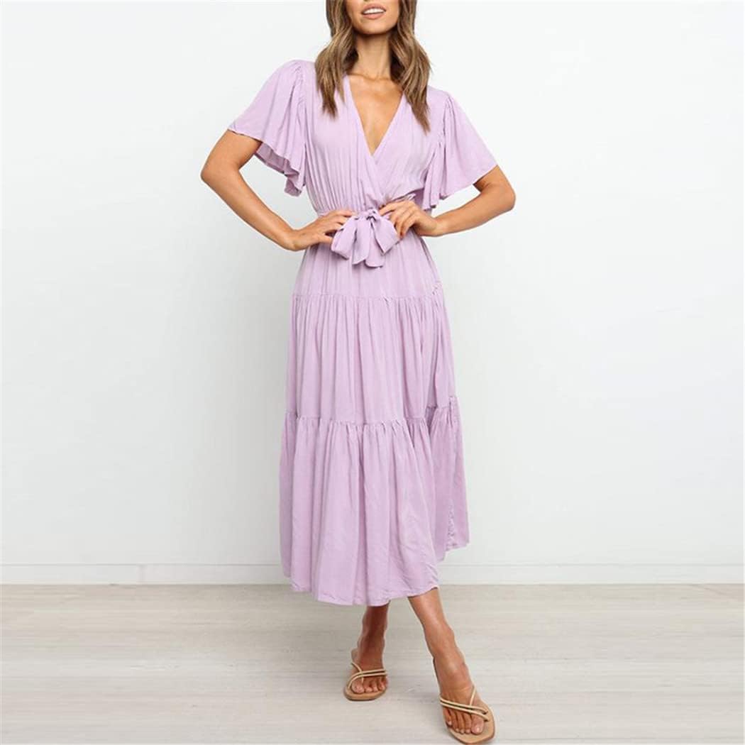 Elisa Abito Donna – Abito Maxi Scollo a V Vita Alta Volant Boho Estate Elegante