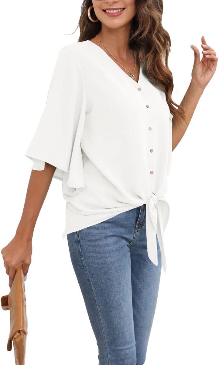 Léonie Bluse Damen – Top mit V-Ausschnitt, ausgestellten 3/4-Ärmeln und Schleife Elegant