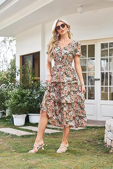 Vestido Emma Floral Línea A – Vestido de Verano con Escote en V y Cintura Fruncida Elegante para Mujer