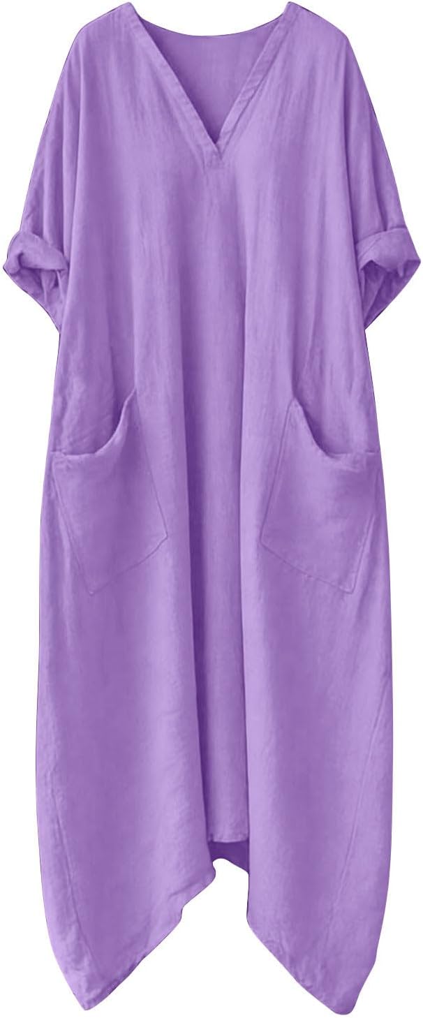 Mila Kleid Damen – Maxikleid Leinen V-Ausschnitt 3/4-Arm A-Linien-Schnitt Oversize Sommer