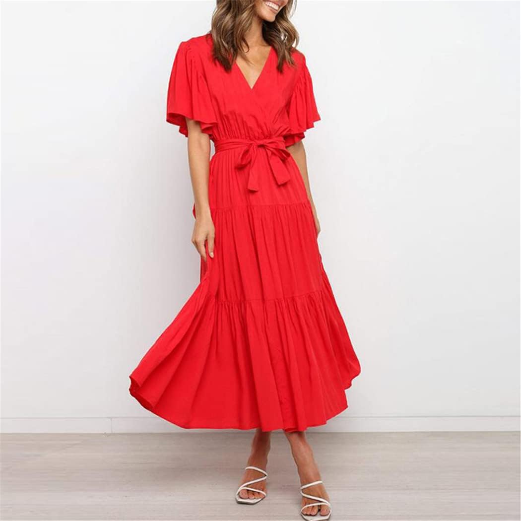 Elisa Abito Donna – Abito Maxi Scollo a V Vita Alta Volant Boho Estate Elegante