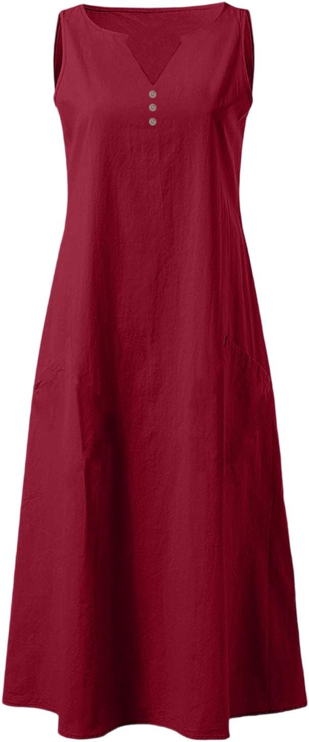 Camille Abito Donna – Abito Maxi Lino Scollo a V Senza Maniche Con Bottoni Tasche Estate