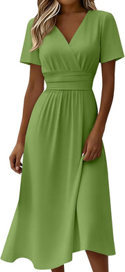 Clara Damenkleid – Midikleid mit V-Ausschnitt, kurzen Ärmeln, hoher Taille, elegante A-Linie