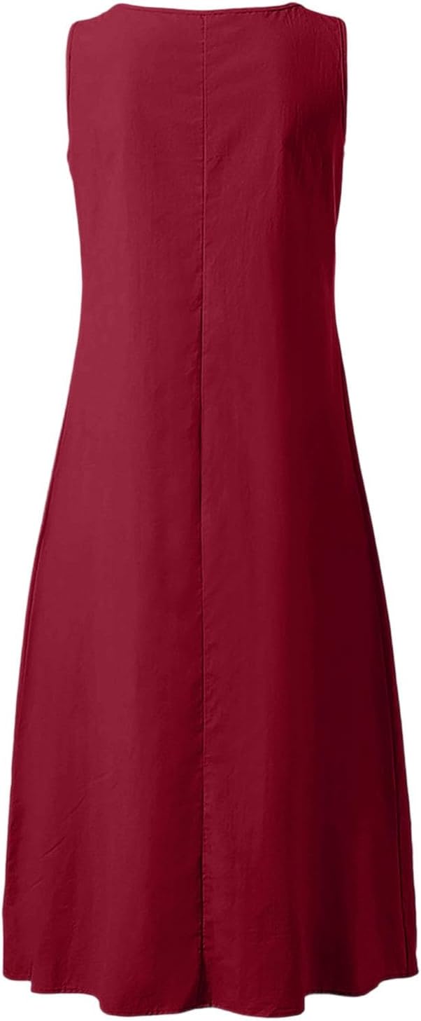 Camille Abito Donna – Abito Maxi Lino Scollo a V Senza Maniche Con Bottoni Tasche Estate