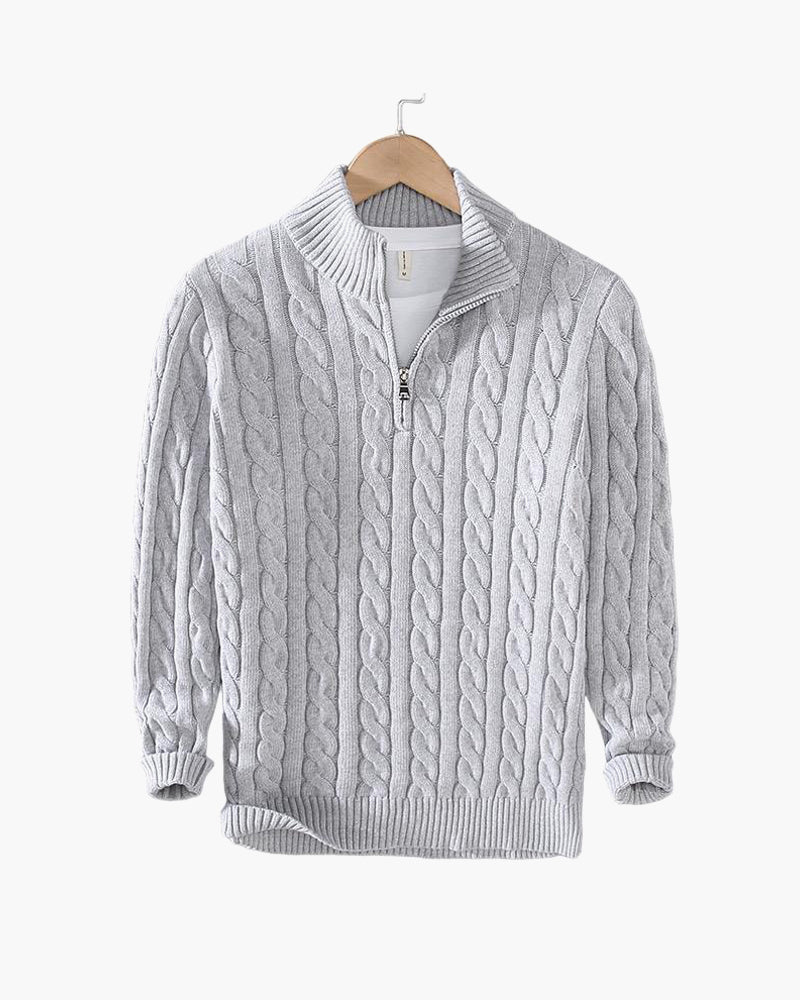 Sweter męski z półzamkiem z dzianiny warkoczowej – elegancki sweter z wysokim kołnierzem z mieszanki wełny w klasycznym stylu