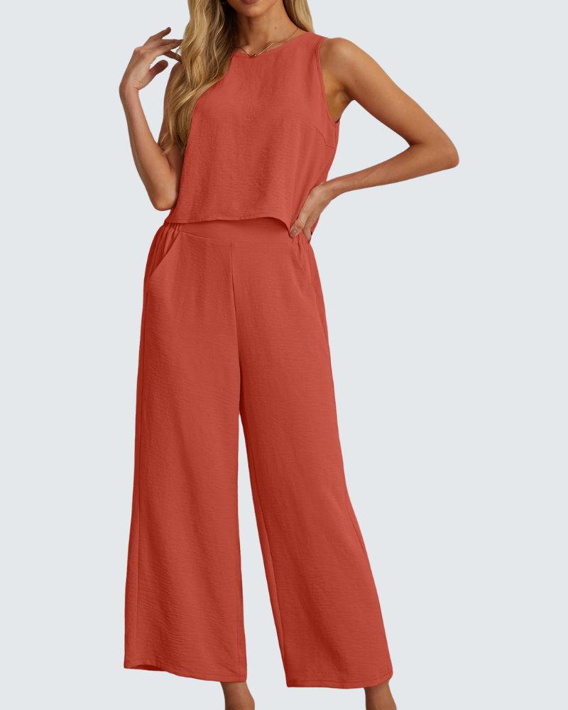 Velly Women's Summer Set – Sleeveless Top & High-Waisted Wide-Leg Pants