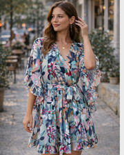 Robe Odessa Mulher – Cache-coração Decote em V Floral, Mangas Sino & Mini Musselina Elegante
