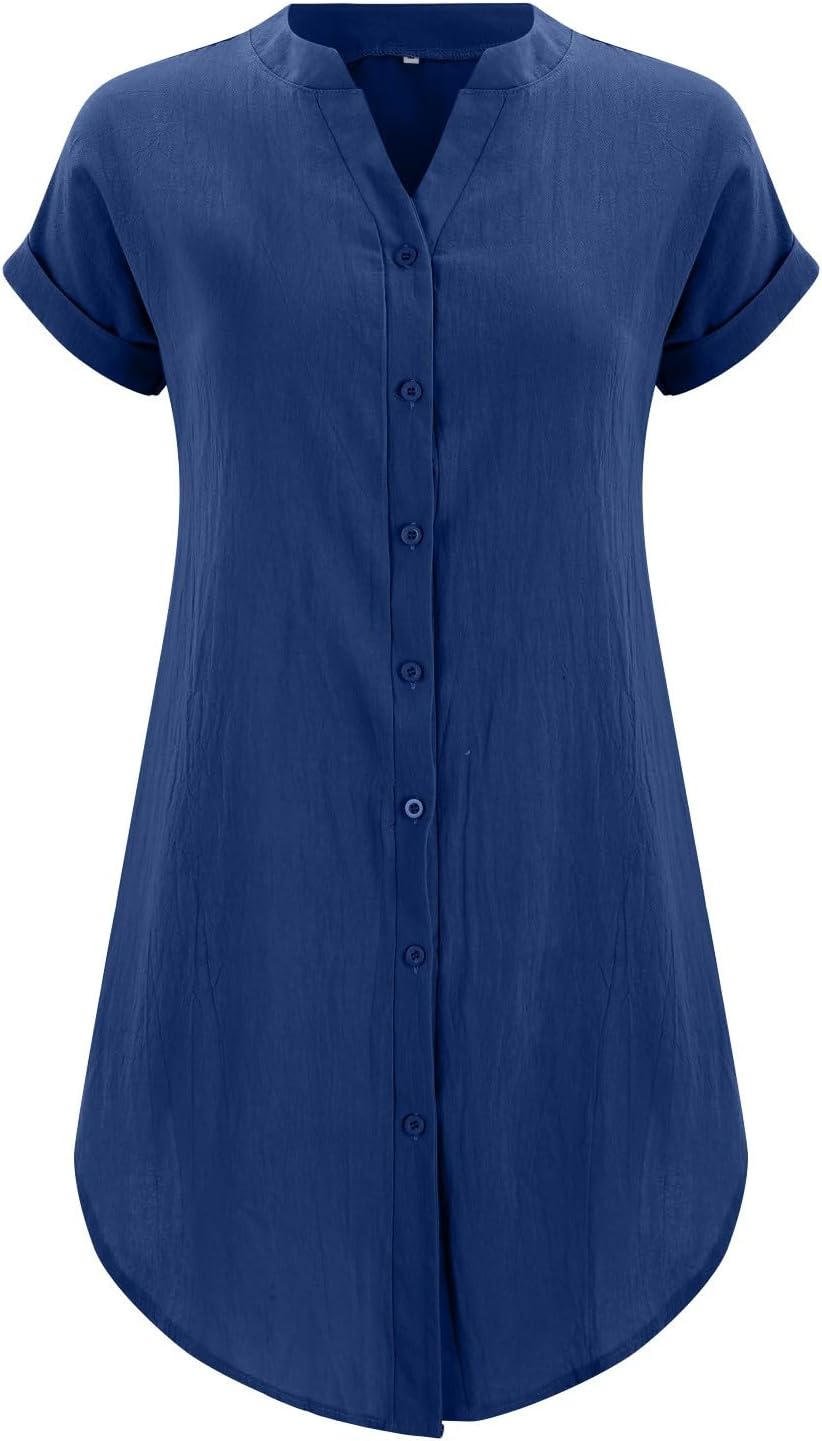 Rochie Sophie pentru femei – Rochie scurtă din in, cu decolteu în V, nasturi, mâneci scurte, croială fluidă, vară