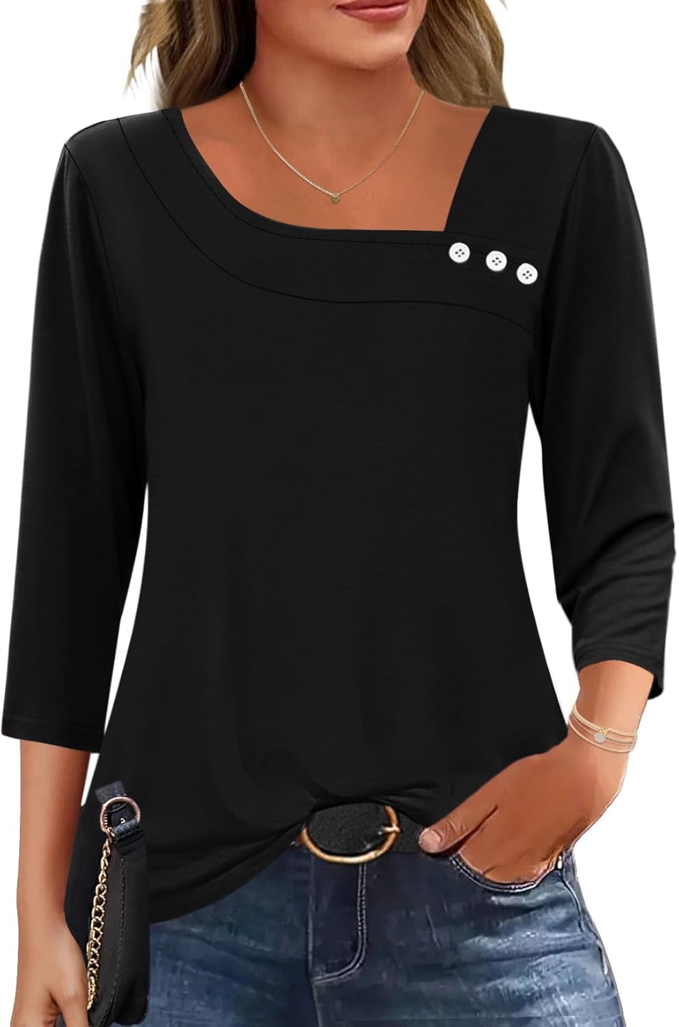 Chloé Top Kvinde Asymmetrisk – Elegant Bluse med 3/4 Ærmer og Flydende Pasform