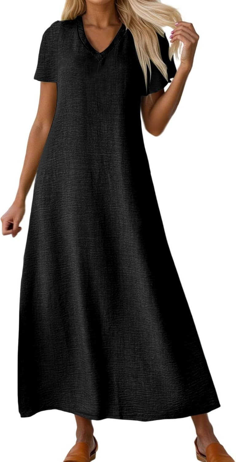 Laura Abito Donna – Abito Lungo in Lino Scollo a V Taglio Fluido Bohemien Confortevole Estate