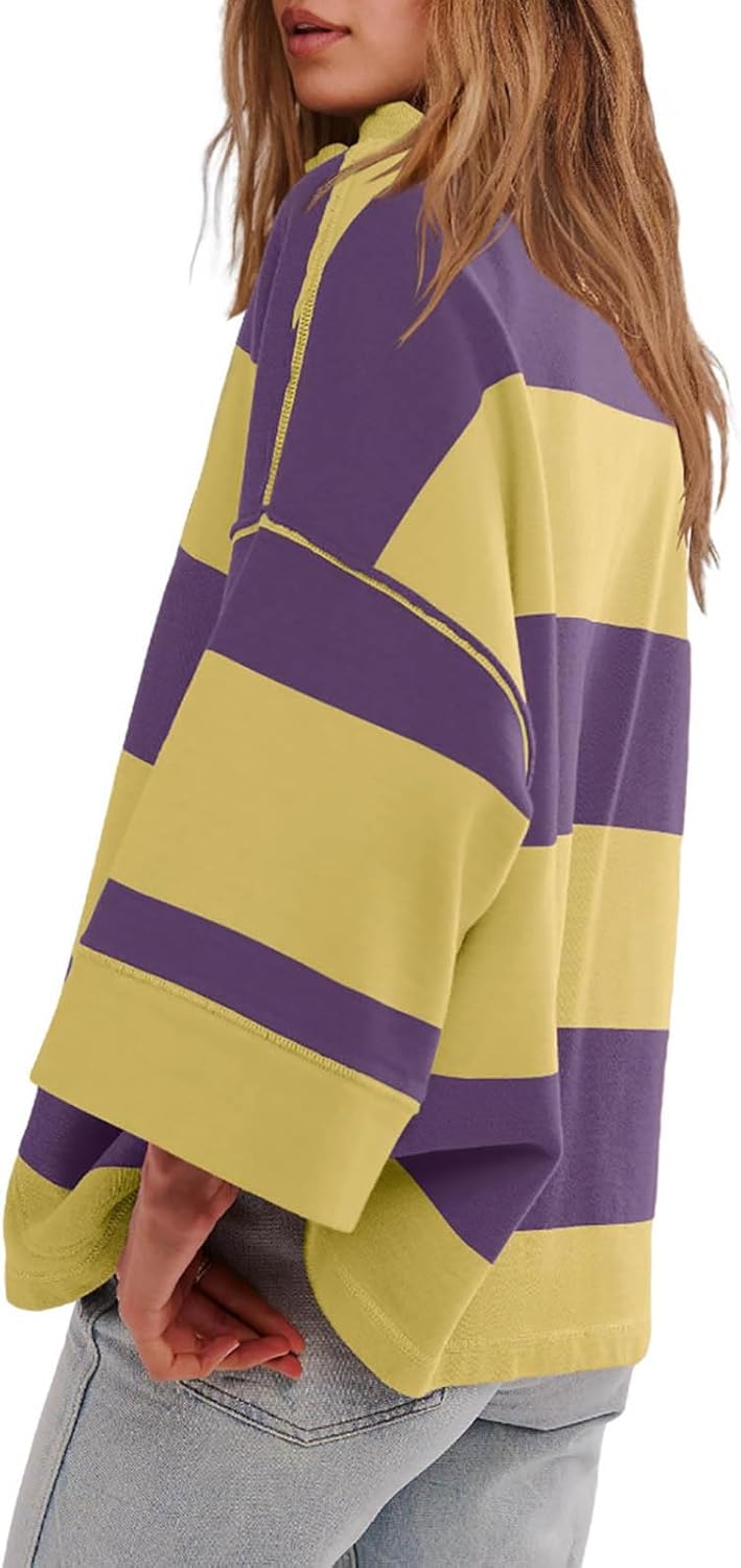 Milagros Sweat Oversize Femme – Pull Col V Rayé à Épaules Tombantes