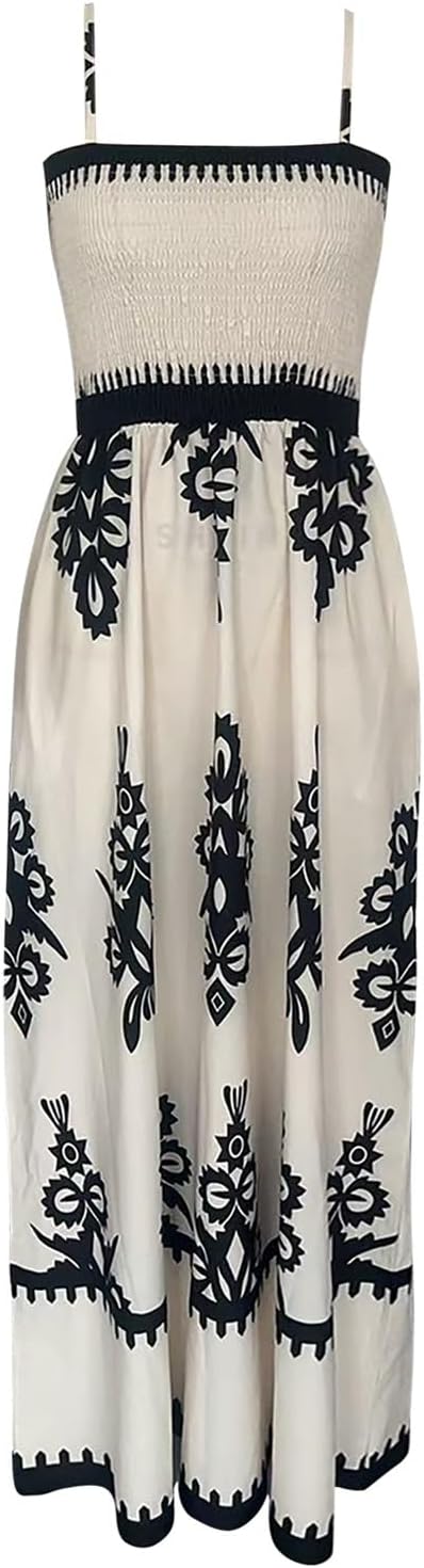 Amélie Damenkleid – Maxikleid im Boho-Stil mit gerafftem Quadrat-Ausschnitt, ärmellos, bedruckt, Sommer