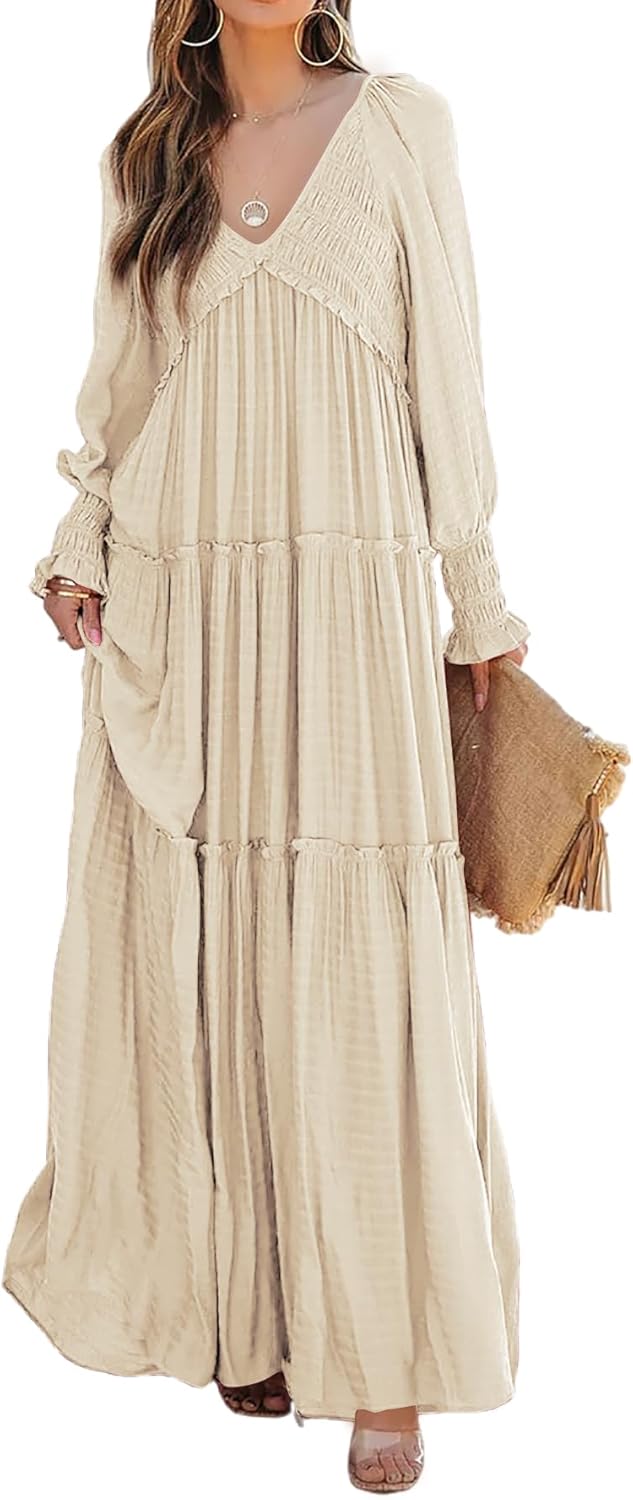 Vestido Maxi Eva para Mulher – Vestido Boémio com Decote em V, Mangas Compridas com Franzidos e Folhos