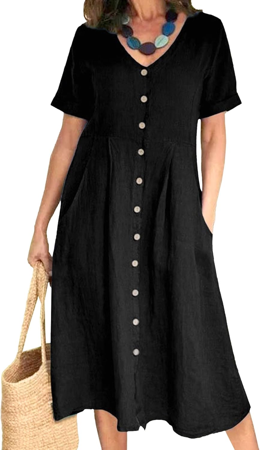 Vestido largo de lino para mujer Glaiza – Cuello en V, abotonado, mangas cortas, talla grande, verano
