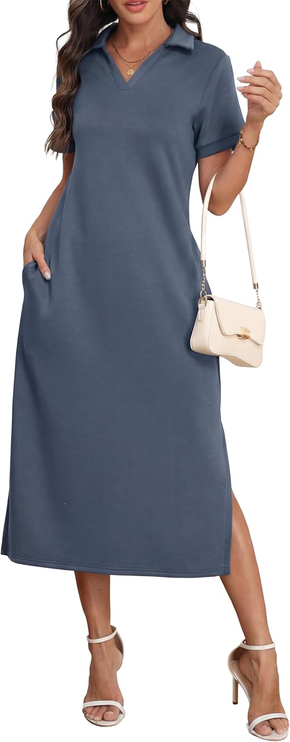 Rochie maxi polo Claire pentru femei – Rochie elegantă fără cute cu buzunare, confort de vară