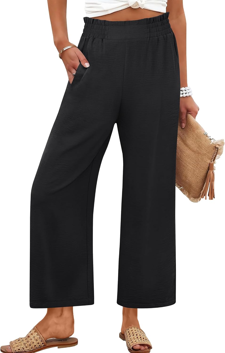 Calças Eva Mulher – Calças Palazzo Curtas Cintura Alta & Bolsos Verão