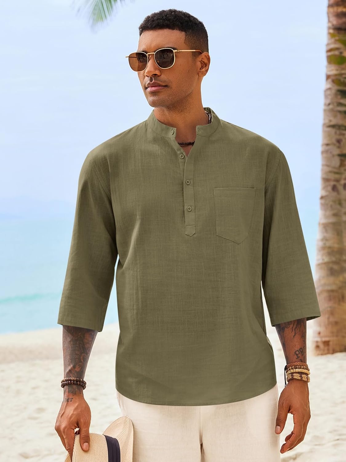 Byron Chemise Henley Muški – Lan i Pamuk, 3/4 Rukavi, Ljetni Boho Stil