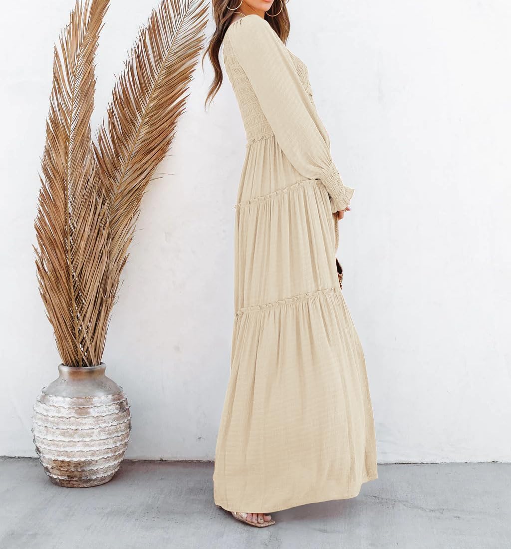 Vestido Maxi Eva para Mulher – Vestido Boémio com Decote em V, Mangas Compridas com Franzidos e Folhos